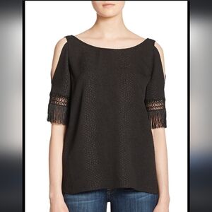 Cooper & Ella Black Snakeskin Fringed Cold Shoulder Top sz M
